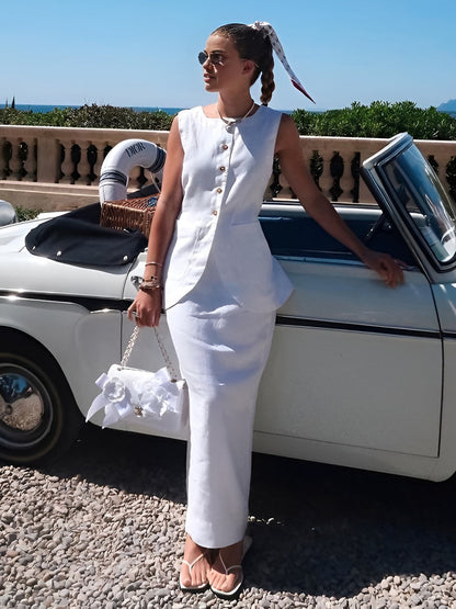 Xiomara - Conjunto Falda Cuello Cuadrado Blanco Chic