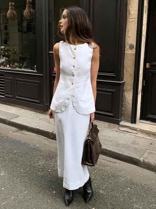 Xiomara - Conjunto Falda Cuello Cuadrado Blanco Chic