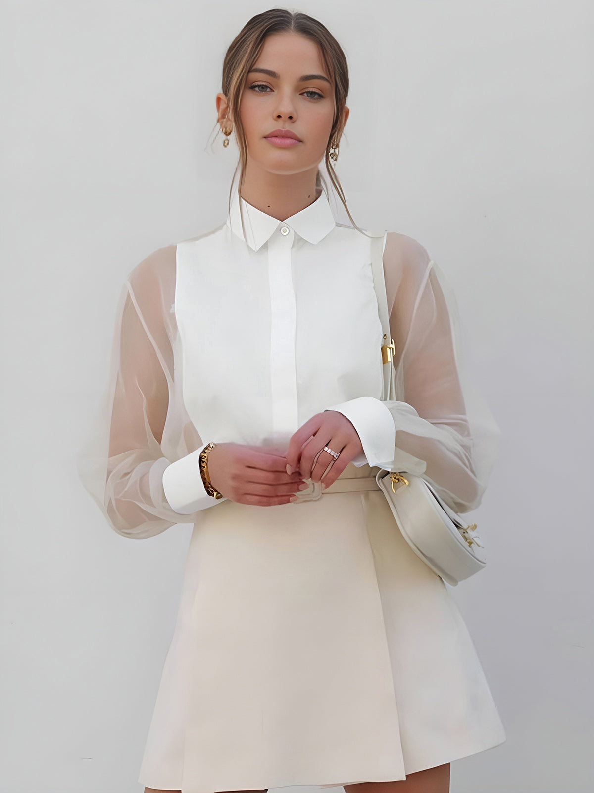 Isabella - Camisa de organza de manga abullonada semitransparente