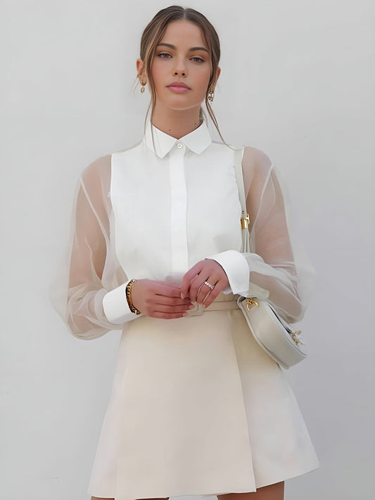 Isabella - Camisa de organza de manga abullonada semitransparente