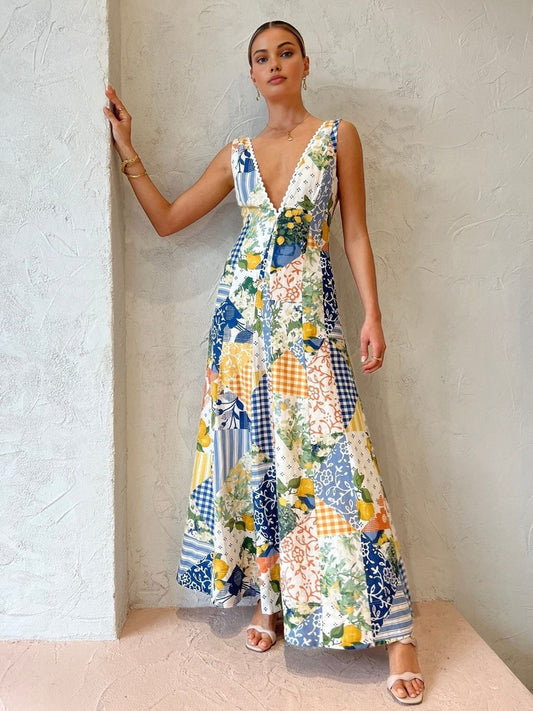 Holly - Vestido largo de encaje con estampado de limonada