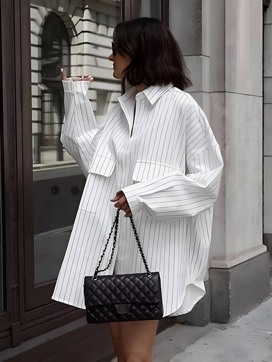 Leah - Camisa oversize de rayas y bolsillos grandes