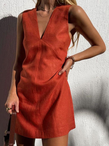 Clarise - Vestido corto de algodón y lino con cuello en V