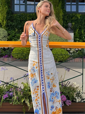 Keira - Vestido largo halter con estampado floral informal