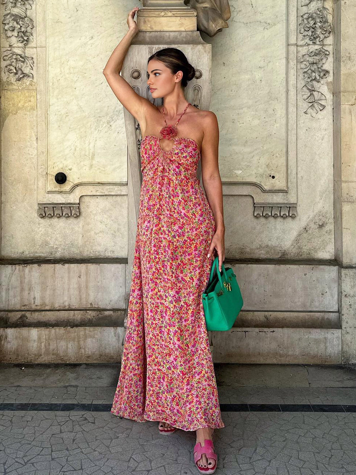 Emine - Boho Floral Halter Vestido Largo
