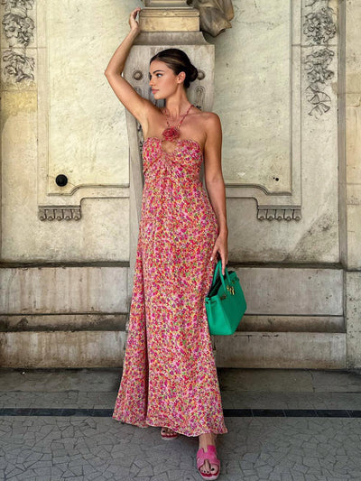 Emine - Boho Floral Halter Vestido Largo
