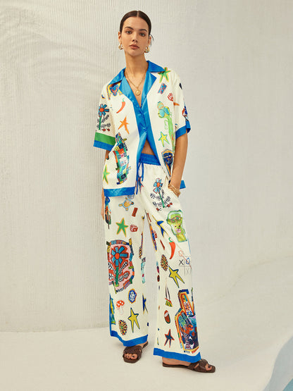 Selma - Conjunto de pantalón estampado con ribete de contraste