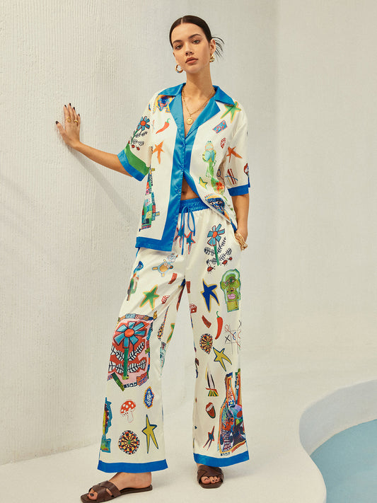 Selma - Conjunto de pantalón estampado con ribete de contraste