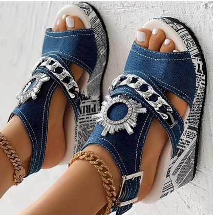 Emma - Las sandalias de plataforma del verano con cadena y adorno de strass