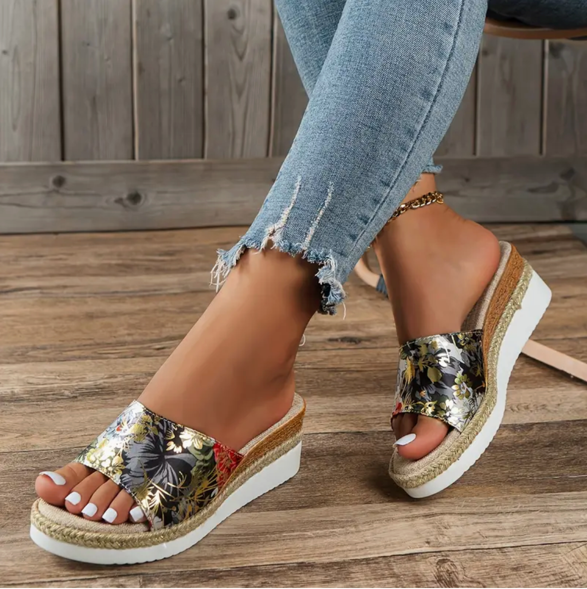 Femke - Sandalias de tacón de cuña para mujer con estampado floral