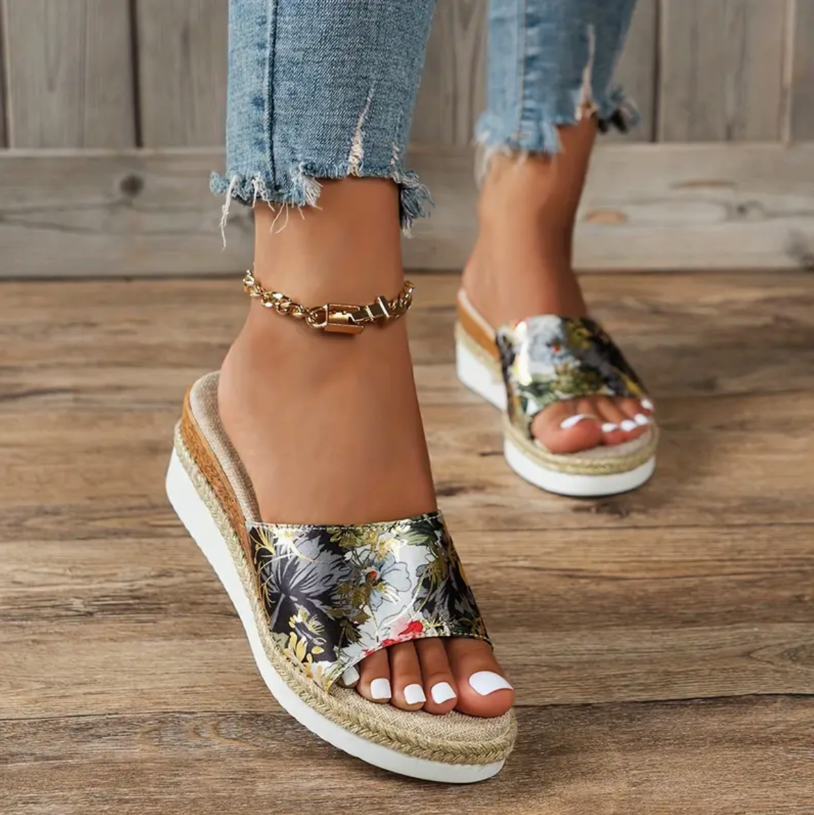 Femke - Sandalias de tacón de cuña para mujer con estampado floral