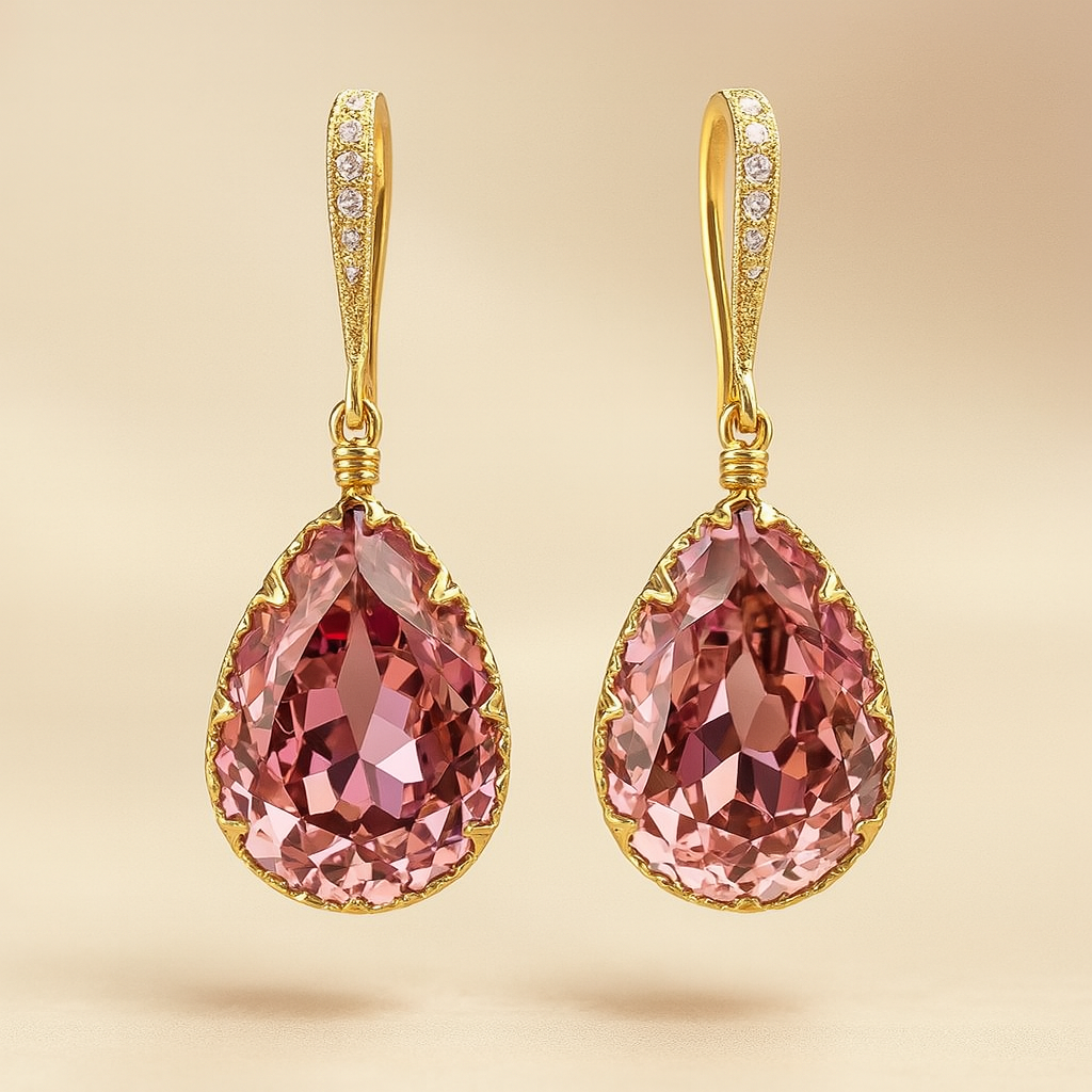 Pendientes Mujer Dorados con Gota de Cristal Rosa - Lina