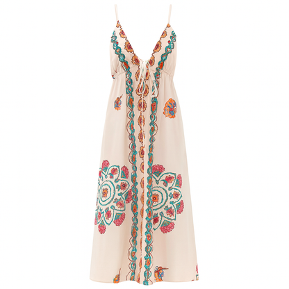 Vestido largo escote halter bordado floral - Elara