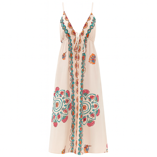 Vestido largo escote halter bordado floral - Elara