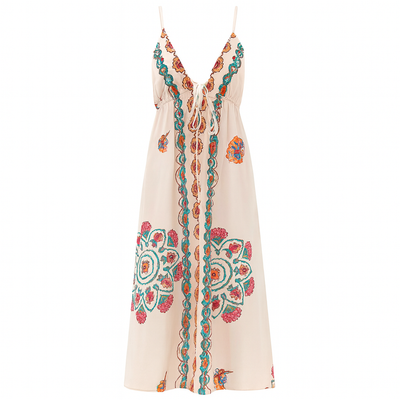 Vestido largo escote halter bordado floral - Elara