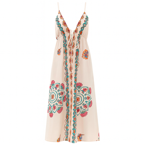 Vestido largo escote halter bordado floral - Elara