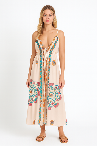 Vestido largo escote halter bordado floral - Elara