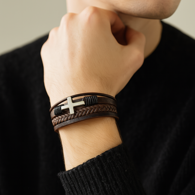 Pulsera hombre cuero trenzado con cruz acero - Sentinel