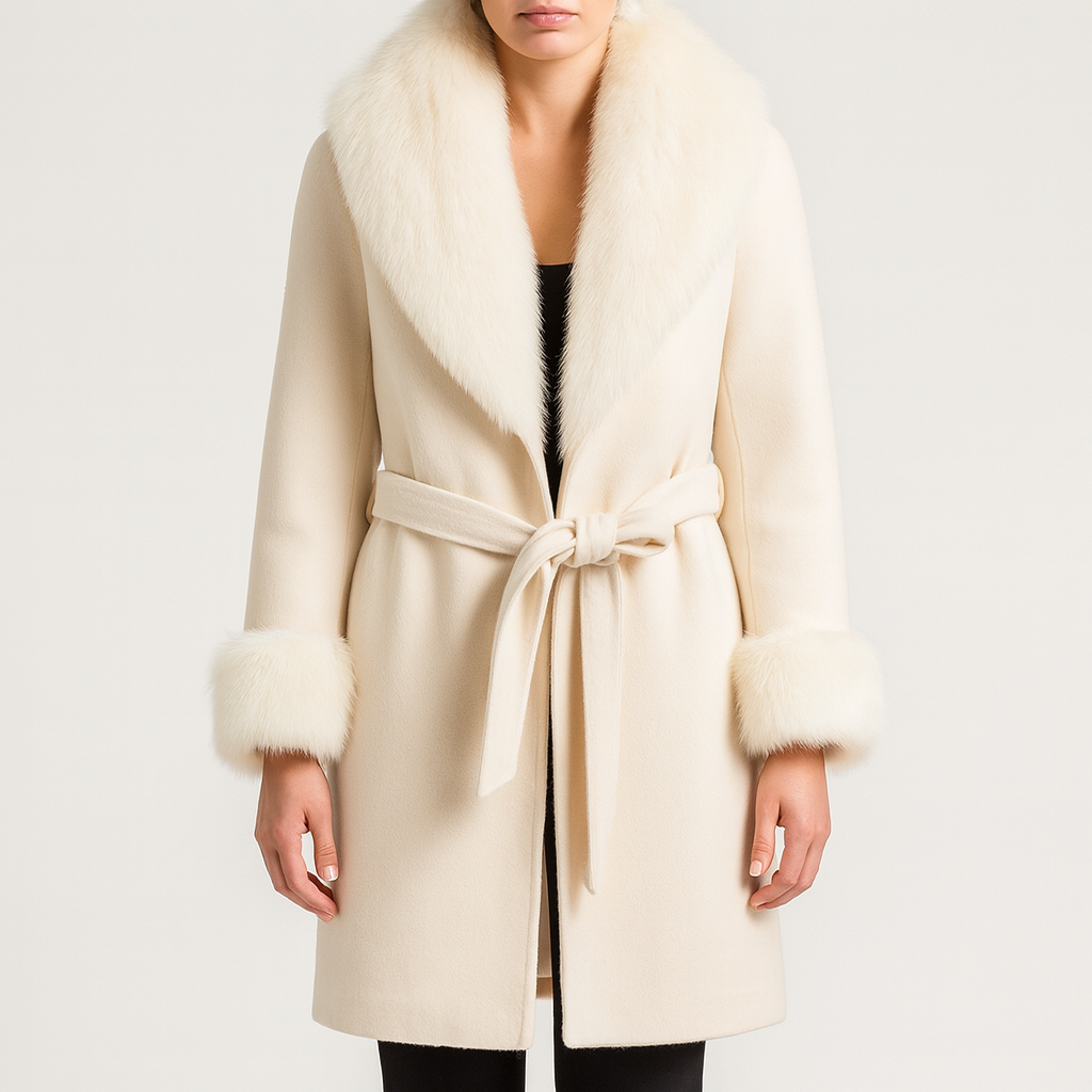 Abrigo largo para mujer con cuello de pelo y cinturon - Margaretti