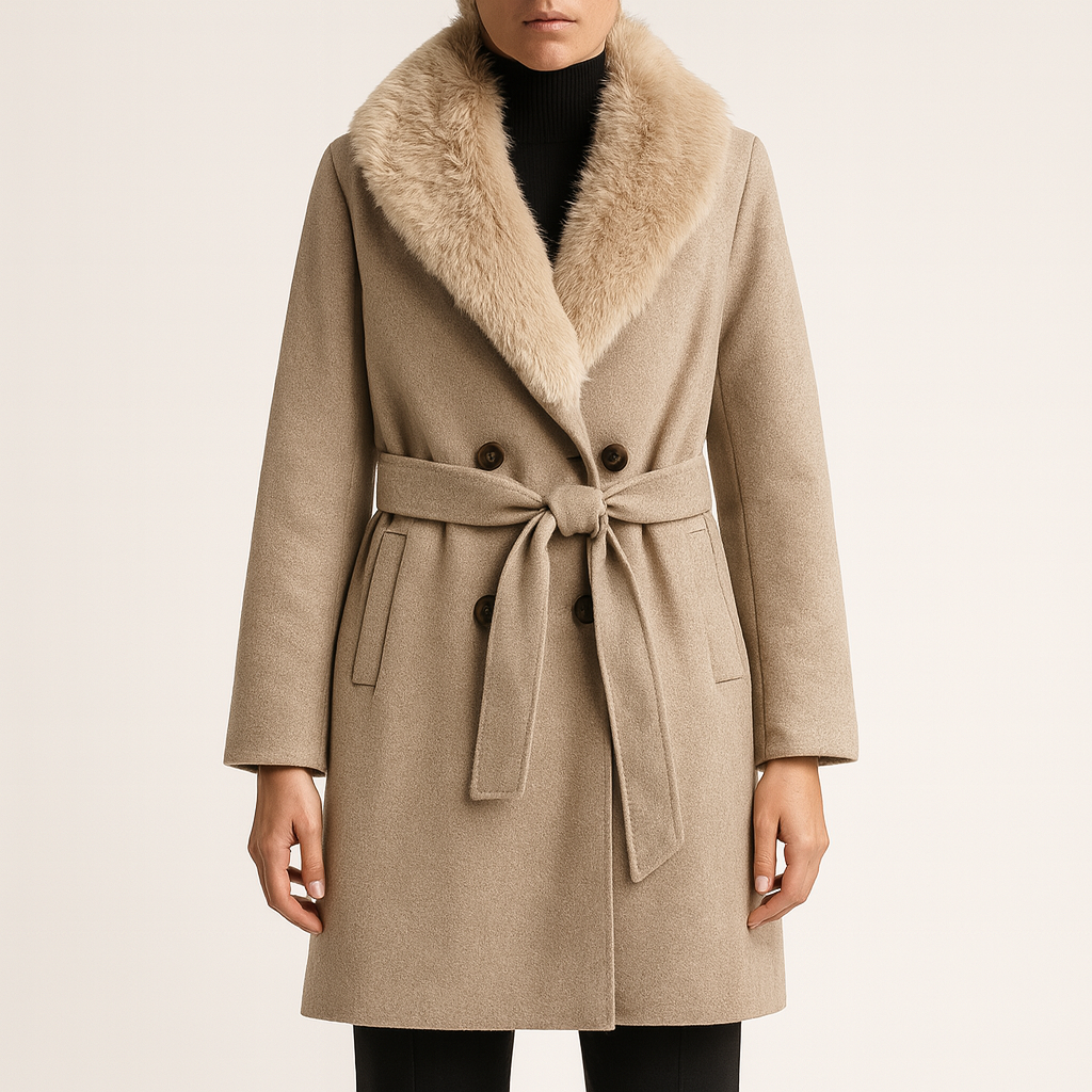 Abrigo largo de lana con cuello de pelo sintetico - Blanca