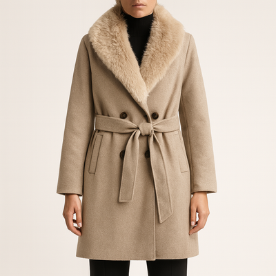 Abrigo largo de lana con cuello de pelo sintetico - Blanca