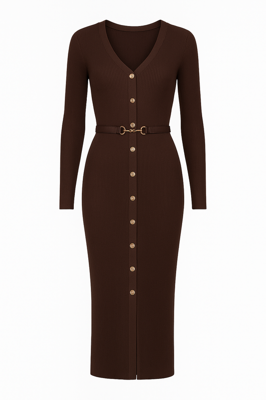 Vestido midi punto botones cinturón fino - Maelle