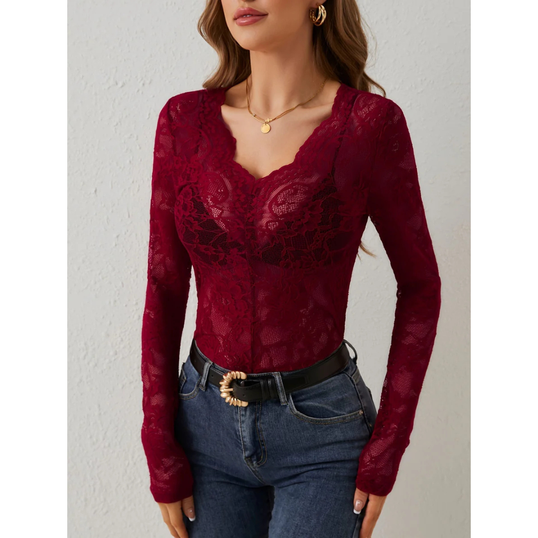 Blusa mujer encaje manga larga escote en V - Elodie