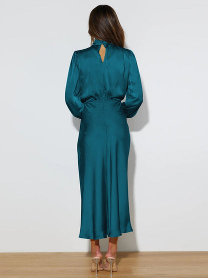 Vestido satinado mujer manga larga cuello alto - Eleonora