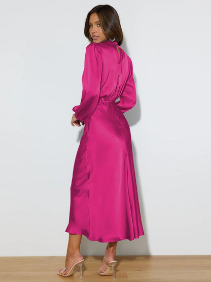 Vestido satinado mujer manga larga cuello alto - Eleonora