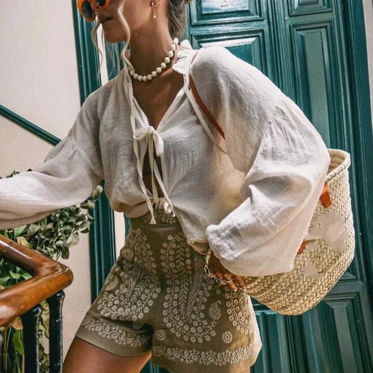 Brea - Pantalones cortos de lino con bordado floral