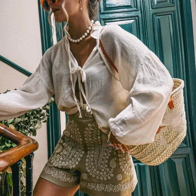 Brea - Pantalones cortos de lino con bordado floral