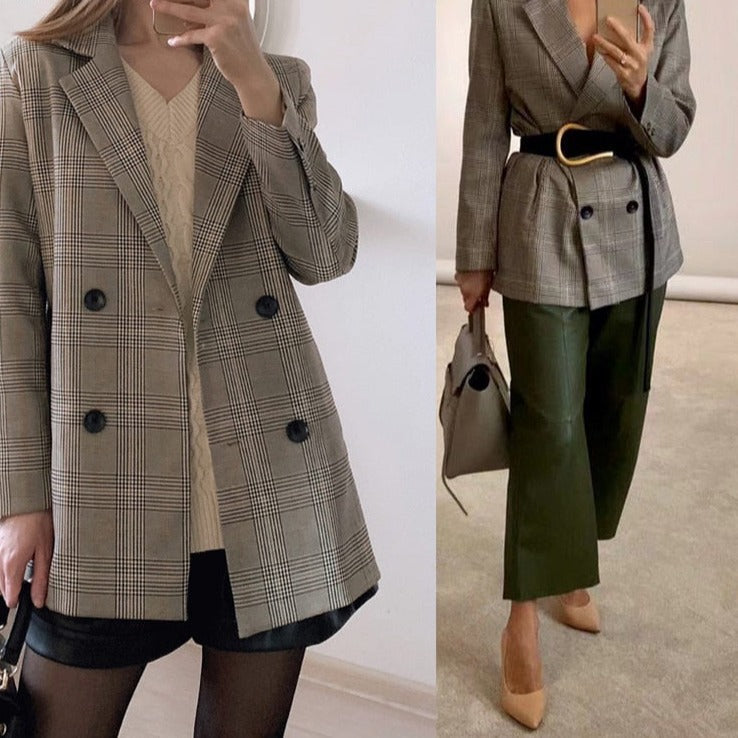 Carinesse - Chaqueta blazer casual chic vintage a cuadros
