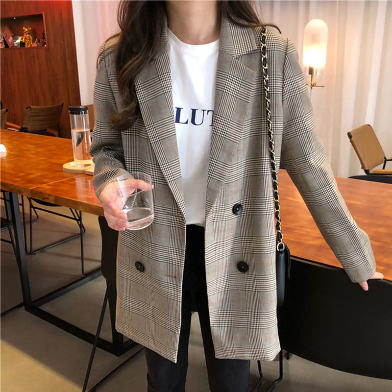 Carinesse - Chaqueta blazer casual chic vintage a cuadros