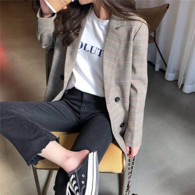 Carinesse - Chaqueta blazer casual chic vintage a cuadros