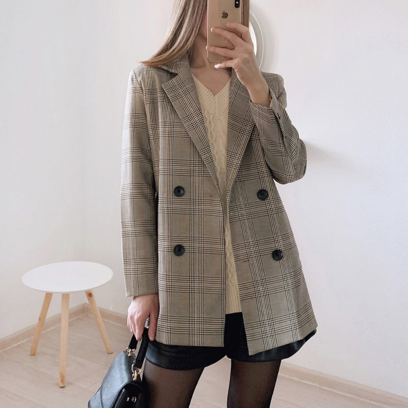 Carinesse - Chaqueta blazer casual chic vintage a cuadros