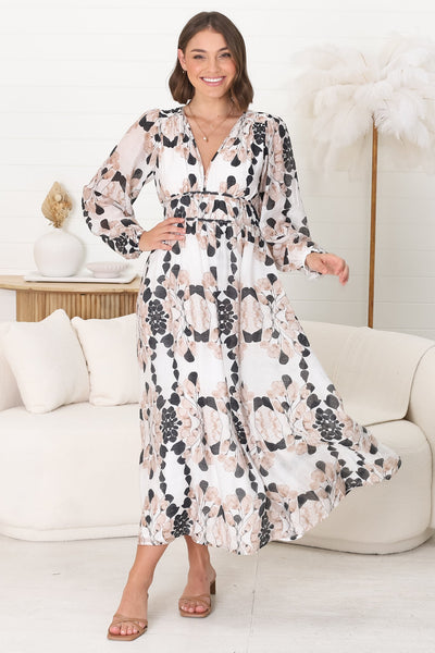 Helia Midi Dress - Vestido evasé con escote en pico y cintura plisada