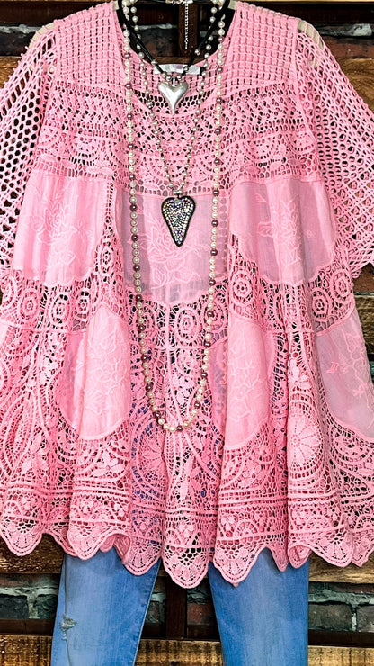 Liora - Vestido de hada de estilo bohemio con túnica de encaje floral en rosa