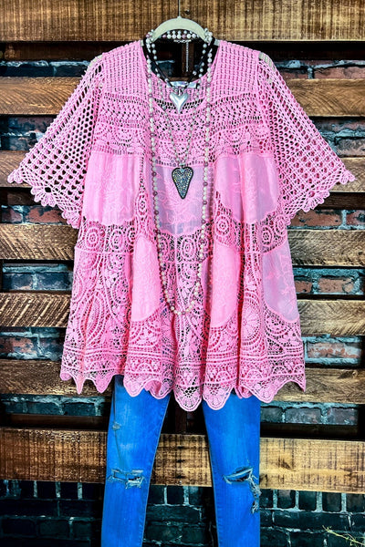 Liora - Vestido de hada de estilo bohemio con túnica de encaje floral en rosa