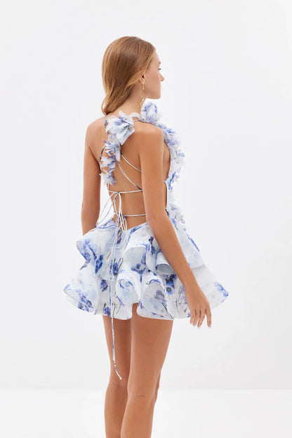 Isabella - Vestido Mini con Volantes de Gasa y Flores 3D
