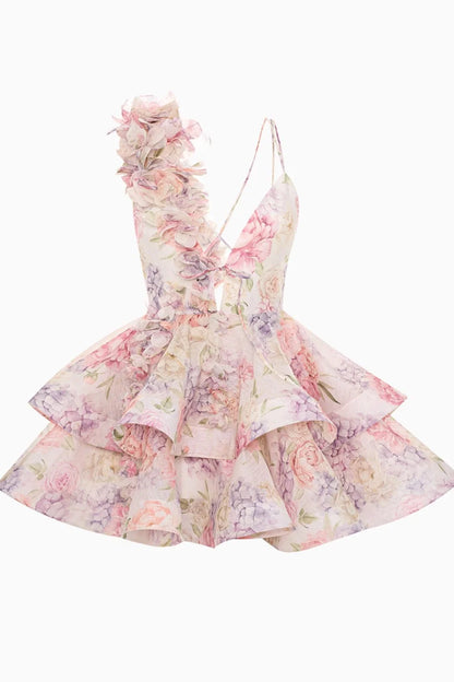 Isabella - Vestido Mini con Volantes de Gasa y Flores 3D