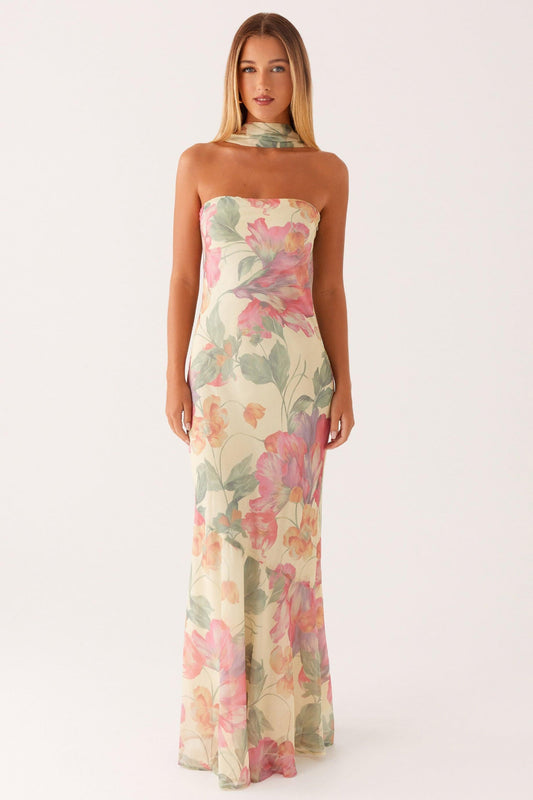 Camila - Vestido Largo Strapless de Gasa con Estampado Floral