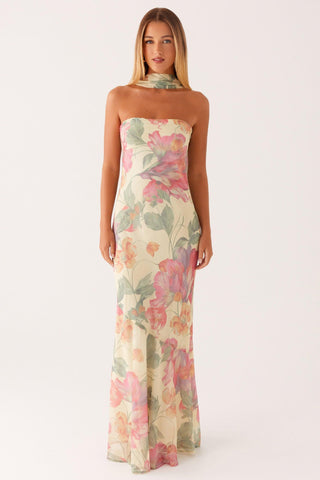 Camila - Vestido Largo Strapless de Gasa con Estampado Floral