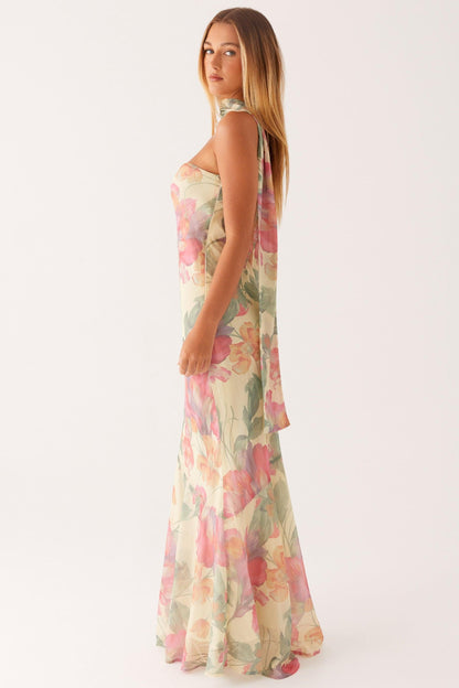 Camila - Vestido Largo Strapless de Gasa con Estampado Floral