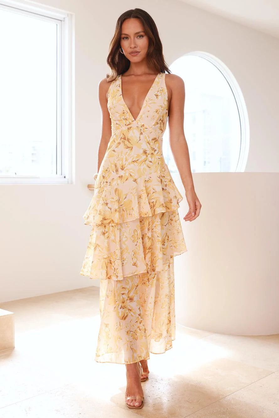 Mariana - Vestido Largo Amarillo con Volantes y Estampado Floral