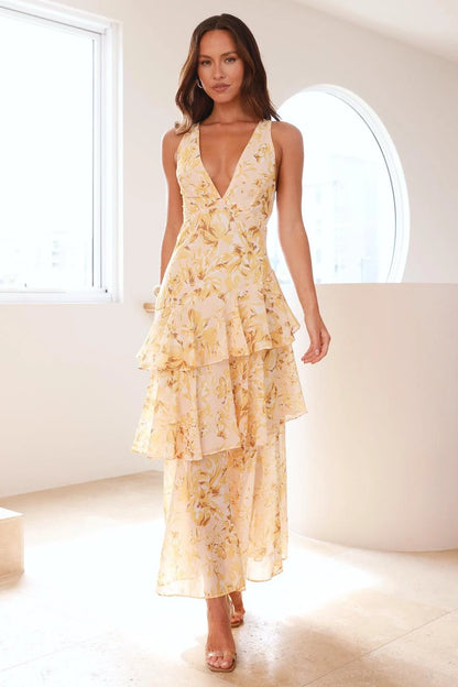 Mariana - Vestido Largo Amarillo con Volantes y Estampado Floral