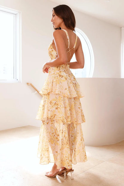 Mariana - Vestido Largo Amarillo con Volantes y Estampado Floral