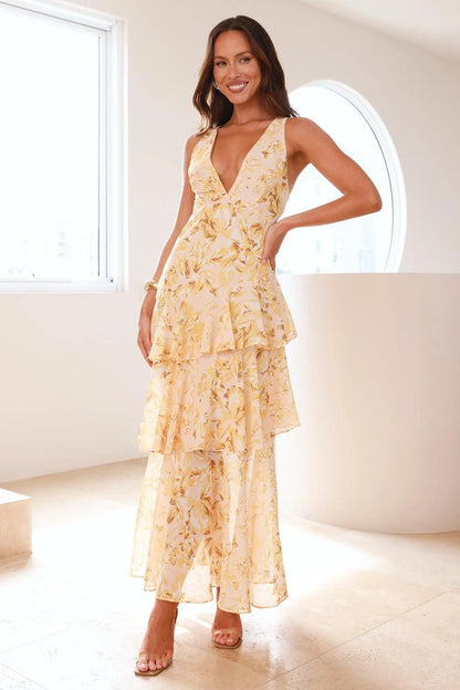 Mariana - Vestido Largo Amarillo con Volantes y Estampado Floral