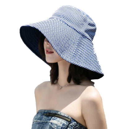 Nueva ropa de rayas de doble cara mujeres sombrero de cubo