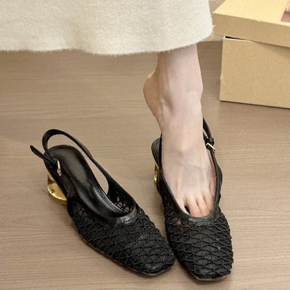 Zapatos destalonados para mujer tejido calado con tacón dorado - Aurelia
