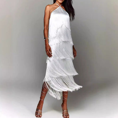 Adeline - Vestido halter de borlas con espalda descubierta